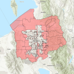 The red on the map shows where fireworks are not allowed in Utah.